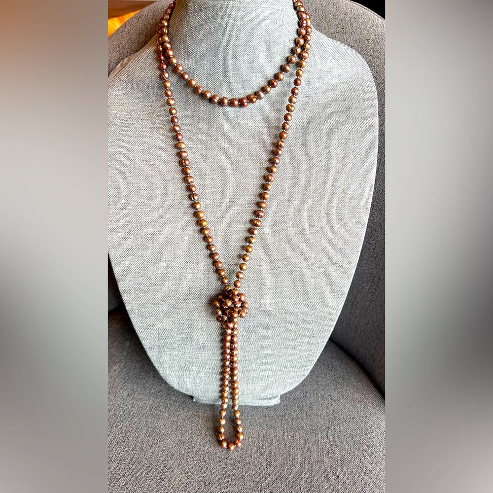 Fresh Water Pearls Infinity Necklace Pearl 66” 168 cms Long Statement Copper